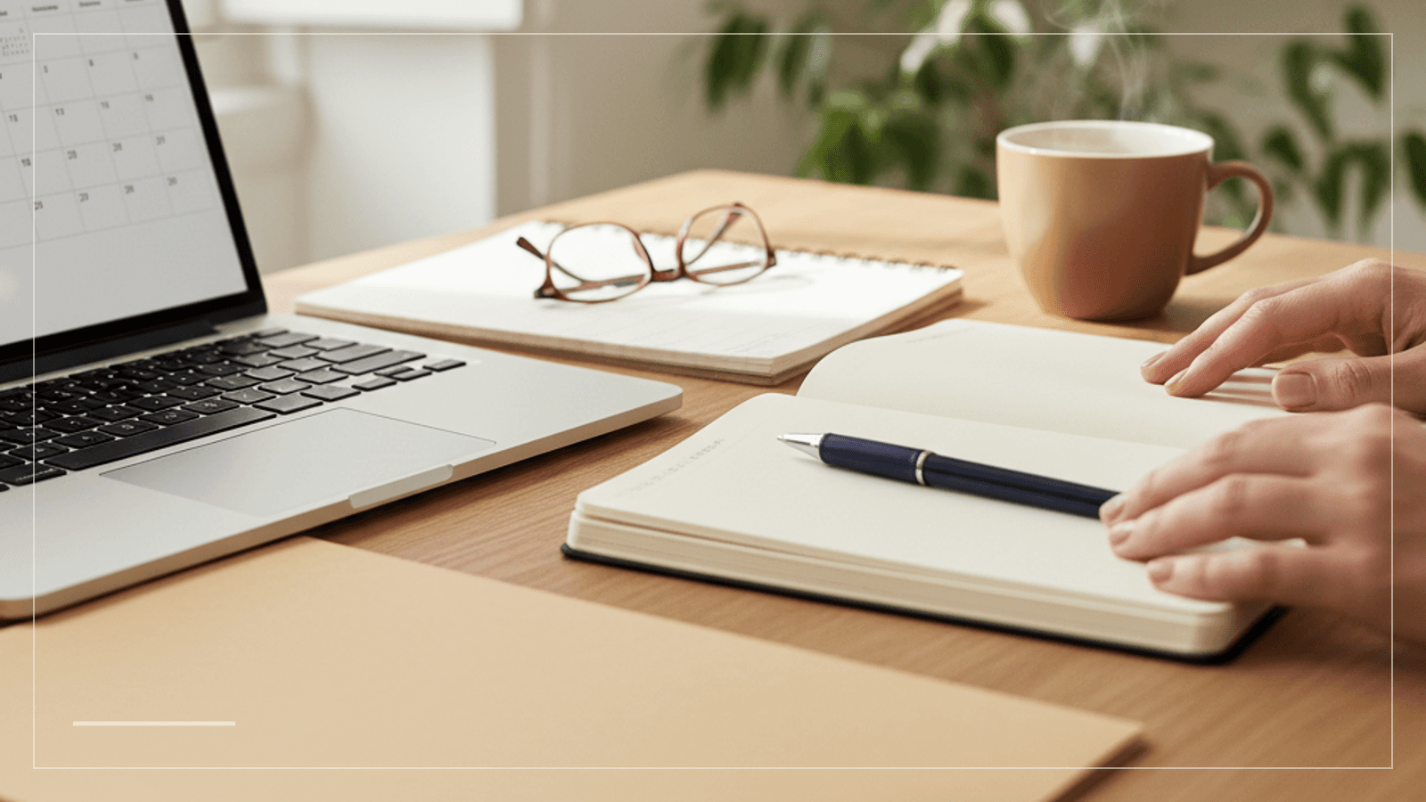 Calm worktable with a laptop, notebook and banking paperwork for planning a NIF and bank account in Portugal.