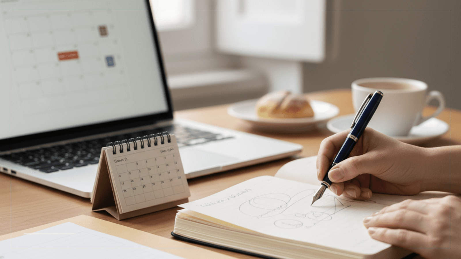 Person planning Portuguese admin steps around NIF, bank account and follow-up registrations at a calm desk.